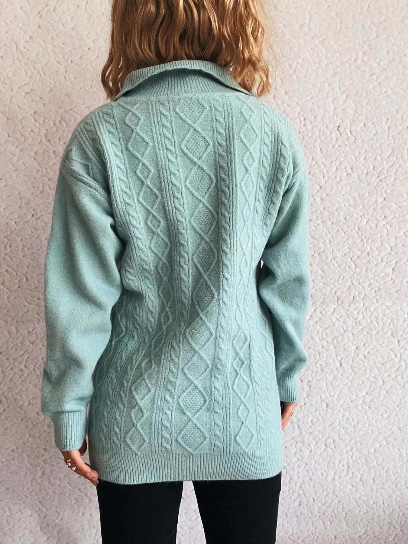 Cable-Knit Trui blauw met rits Dames achterkant