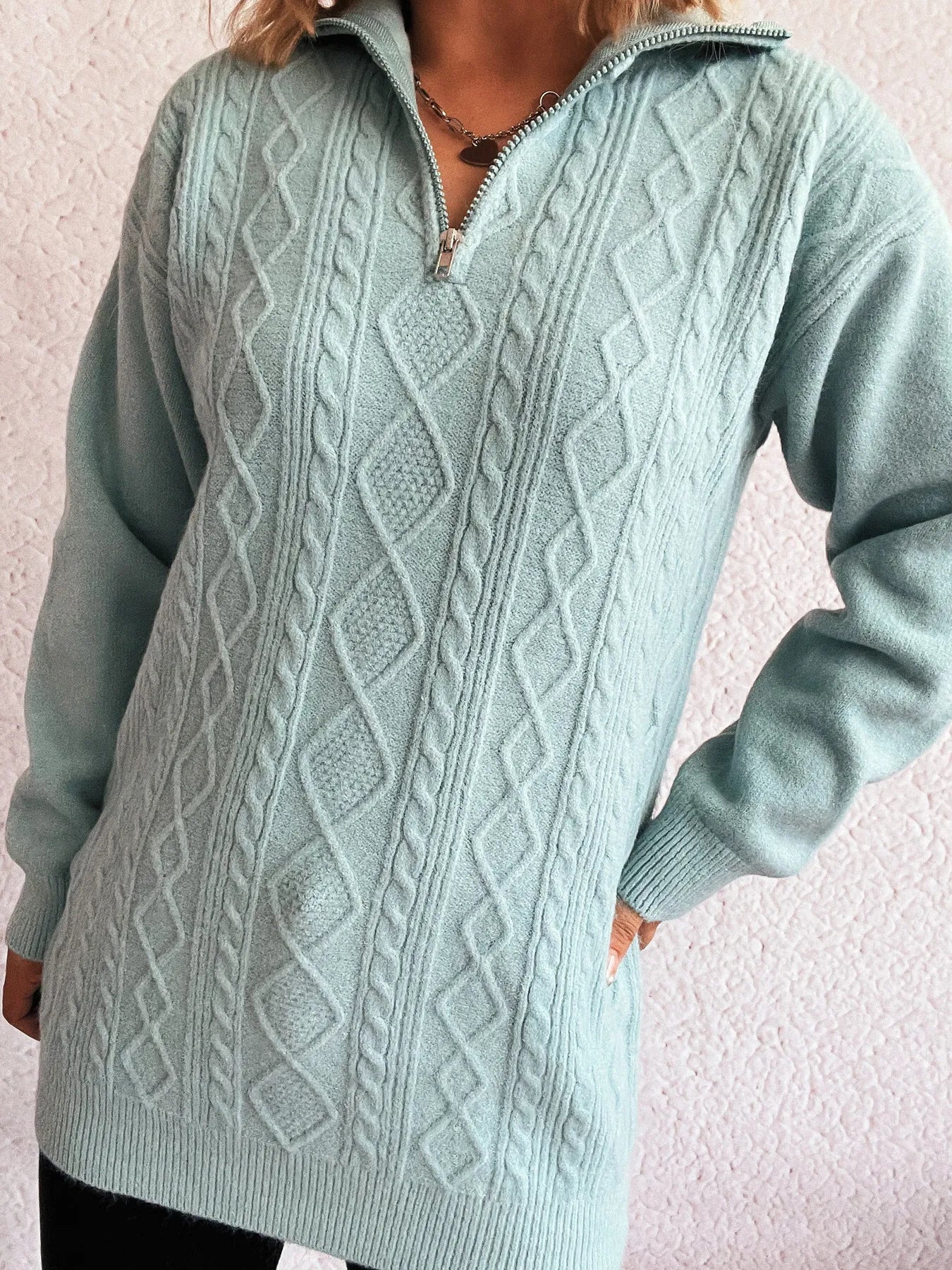 blauwe Cable-Knit Trui met rits Dames
